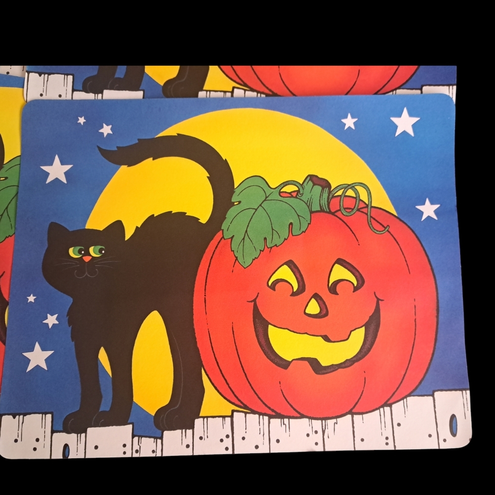 Hallmark Halloween Placemats Vintage black cat jacket o lantern